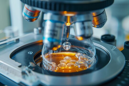 medical process of IVF, fertilization, embryo development, and transfer stages of procedure, microscope machine closeup