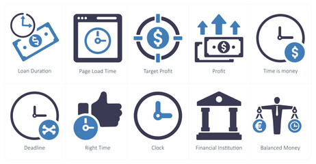 A set of 10 web marketing icons as loan duration, page load time, target profit