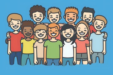 Diverse group of smiling cartoon children standing together against a blue background.