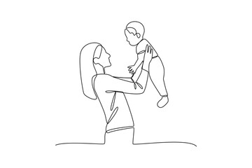 One continuous line drawing of young mother is caring for and playing with her child. Mother daily activity concept. Dynamic single line draw graphic design vector illustration