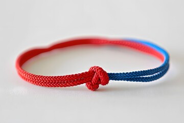 Red and blue braided bracelet with central knot on white background, showcasing an elegant design.