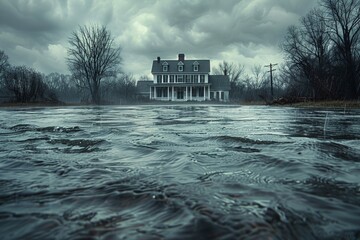 A solitary house stands surrounded by barren trees and misty water, under a sky filled with dark clouds, creating a haunting and eerie atmosphere of solitude and suspense.