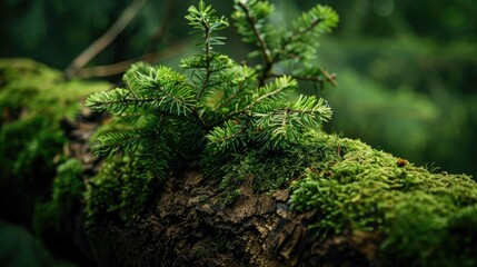A tree branch covered in green moss. The image has a peaceful and calming mood