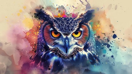 Obraz premium colorful abstract owl portrait double exposure effect with vibrant paint splatters digital art