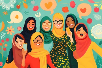 Diverse women smiling together, surrounded by colorful hearts and flowers