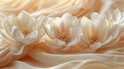 A minimalist wedding design of white magnolia petals, combined with cream silk and subtle gold embroidery.	