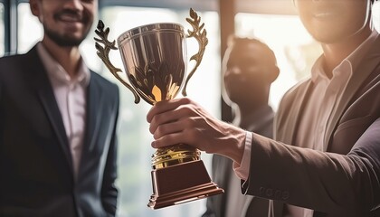 A Close-up of business team holding trophy, symbolizing celebration of successful business team for reaching target