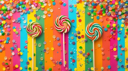 colorful lollipop sprinkles and candy confetti on bright striped background
