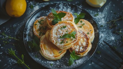 Photography of pancakes, appetizing and fresh, in a studio, studio lighting, Canon EOS R5, aerial view