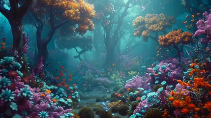 Obraz premium Surreal forest with fantastical elements and vibrant colors, creating a dreamlike atmosphere