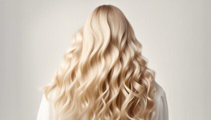 Naklejka premium long and wavy women's hair in blonde tones, back view, hair advertising shoot, isolated white background 