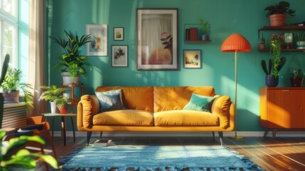 cozy and beautiful living room with vintage pop colors and midcentury modern style sunny 3d render