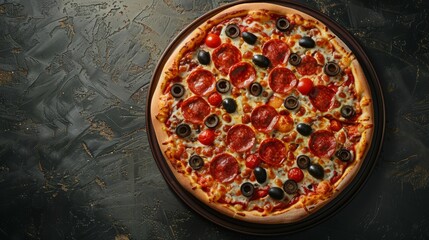 Photography of pizza, appetizing and fresh, in a studio, studio lighting, Canon EOS R5, aerial view