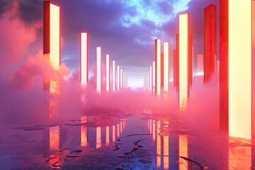 Fototapeta premium A futuristic cityscape with neon lights and a cloudy sky. The atmosphere is mysterious and otherworldly