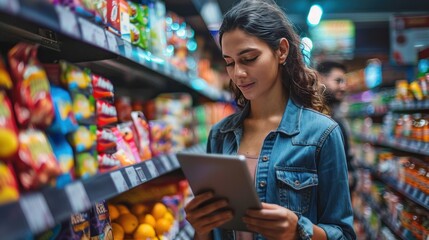 Woman Checking Her Shopping List in a Grocery Store