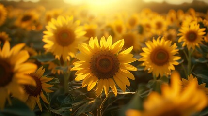 Golden Sunset Over Sunflower Field Captured During Summer Evening