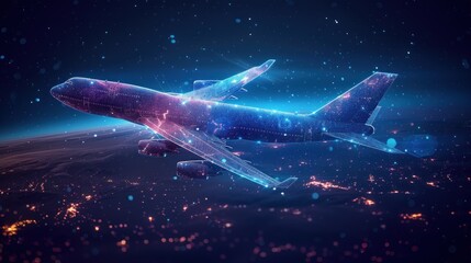 Digital Airplane Flying Above a Night City