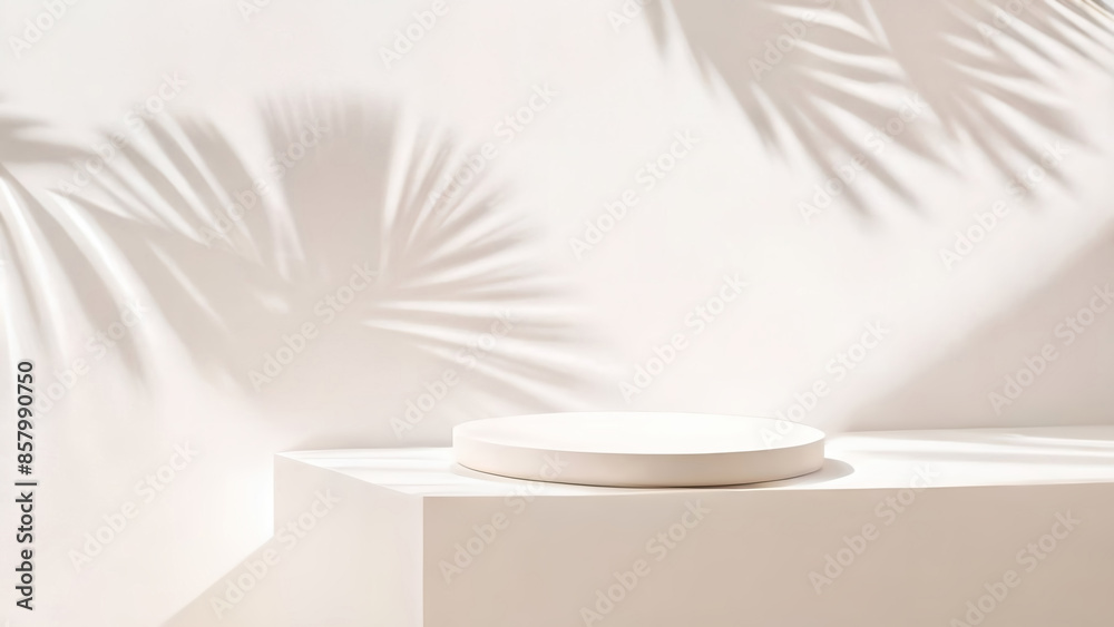 Aufkleber a round light podium for product presentation against the background of a beige wall with a beautifu