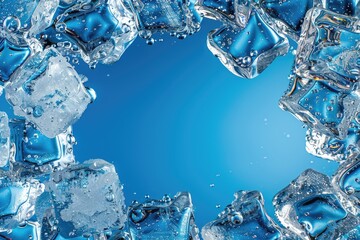 A blue background with ice cubes in the foreground. The ice cubes are scattered around the background, creating a sense of depth and movement. The image conveys a feeling of coolness and refreshment