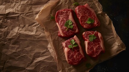Photography of steaks, appetizing and fresh, in a studio, studio lighting, Canon EOS R5, aerial view