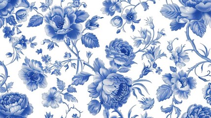 delicate vintage blue french floral toile pattern seamless vector illustration