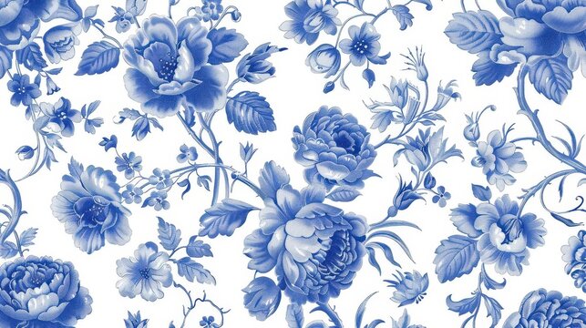 delicate vintage blue french floral toile pattern seamless vector illustration