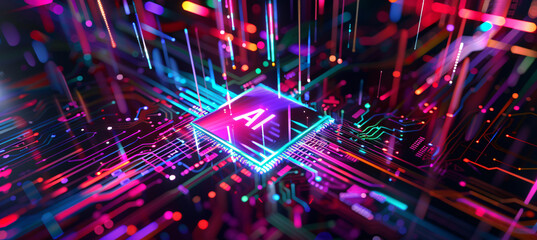 3D render of a chip with a glowing brain on a circuit board, with the text "AI" and a blue color. A high tech artificial intelligence concept.