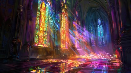 dramatic light filtering through stained glass windows in dimly lit church creating sense of spirituality and reverence digital painting