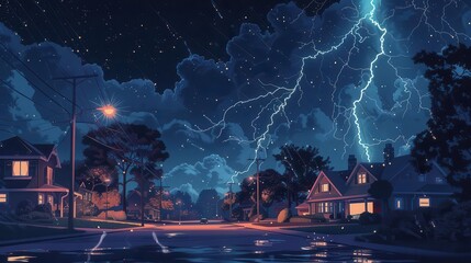 dramatic lightning storm over suburban neighborhood at night digital illustration