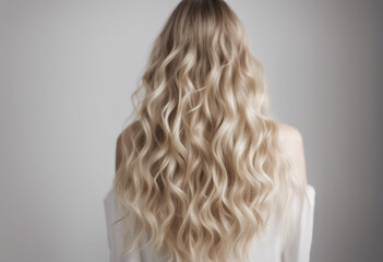 Naklejka premium long and wavy women's hair in blonde tones, back view, hair advertising shoot, isolated white background 