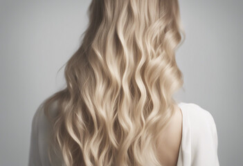 Fototapeta premium long and wavy women's hair in blonde tones, back view, hair advertising shoot, isolated white background 