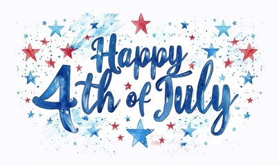 USA Happy 4th of July calligraphy lettering background - independence day holiday in United States of America. Abstract grunge watercolor paint splashes in flag colors with text. 