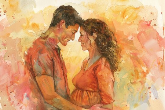 woman with her partner pregnant with their IVF baby watercolor illustration