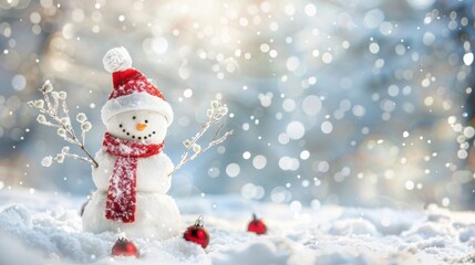 Fototapeta premium A cute snowman with a red hat and scarf in a snowy landscape with bokeh lights.