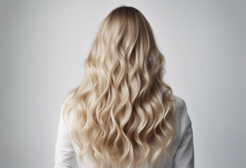 Naklejka premium long and wavy women's hair in blonde tones, back view, hair advertising shoot, isolated white background 