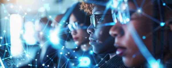 Profiles of diverse people overlaid with glowing network connections with banner copyspace.