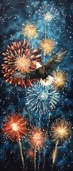 Naklejka premium A majestic eagle soaring above vibrant fireworks in a starry night sky, celebrating freedom and patriotism with dazzling colors.