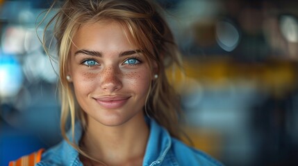 Obraz premium Cheerful Young Woman with Freckles Smiling Outdoors in Casual Denim Shirt