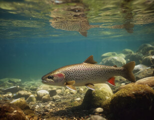 Fototapeta premium Una trota nuota controcorrente in un fiume, circondata da piccole onde. 