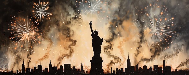 Breathtaking fireworks display over the Statue of Liberty with a stunning New York City skyline at night, celebrating a festive occasion.