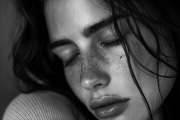 Fototapeta premium A close-up photo of a young woman's face, with a downcast gaze and somber expression that may suggest feelings of sadness or depression.