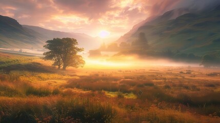 ethereal sunrise over a misty meadow in the idyllic english lake district landscape photography