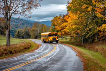 Obraz premium School bus driving on a wet road through autumn foliage.