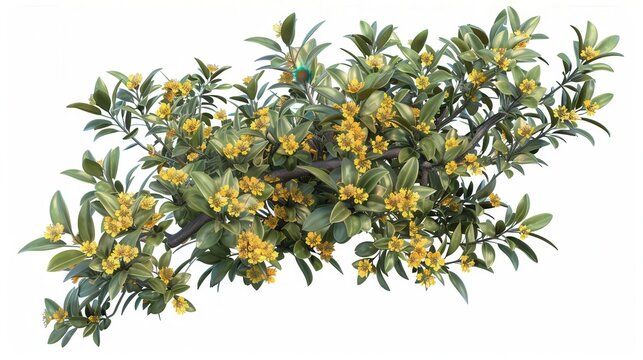 exotic larrea cuneifolia shrub with yellow flowers and olive green leaves isolated 3d render