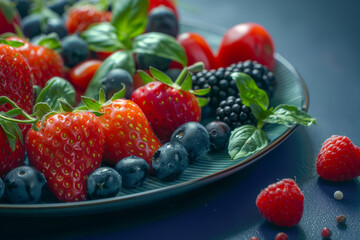 A plate of mixed berries including strawberries, blueberries, blackberries, with fresh basil leaves.