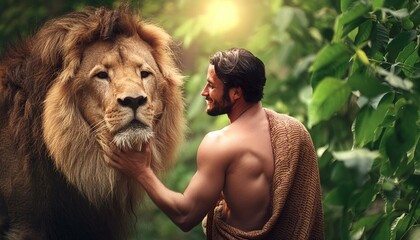 Genesis: Garden of Eden. The Man Adam Next to the Lion in peace. 
