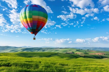 Fototapeta premium Hot Air Balloon Floating Over Green Field