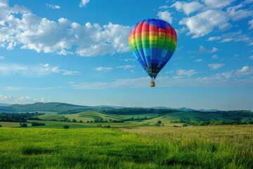 Fototapeta premium Hot Air Balloon Floating Over Green Field