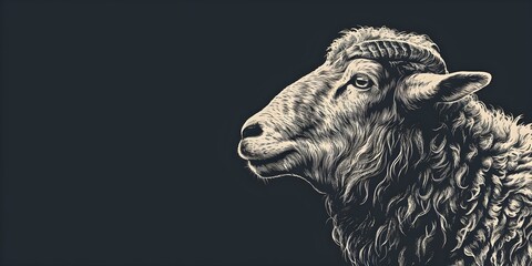 Sheep head depicted in a woodcut style in black and white. Concept Wildlife Art, Woodcut Illustration, Black and White Design
