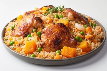 Fototapeta premium Aromatic Caribbean Seasoned Rice with Golden Crispy Chicken Thighs